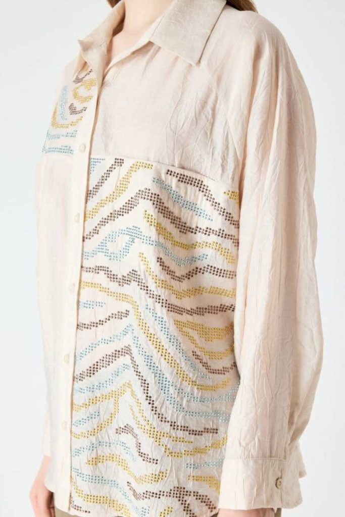 FEVER Kırışık Yüzeyli Tasarım Taşlı Gömlek 17027 - camel