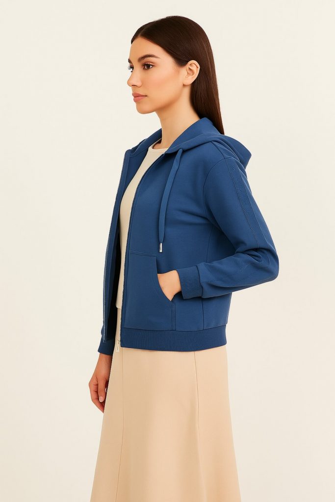 GUESS Tam Fermuarlı Dalış Kumaşlı Kapüşonlu Sweat W5YQ05KBYE2 - MAVİ