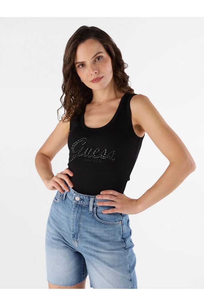 GUESS Nakış İşlemeli Logolu Kolsuz T-Shirt W5YP00KCXJ2 - Siyah