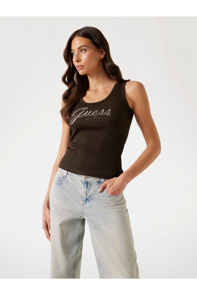 GUESS Nakış İşlemeli Logolu Kolsuz T-Shirt W5YP00KCXJ2 - kahve