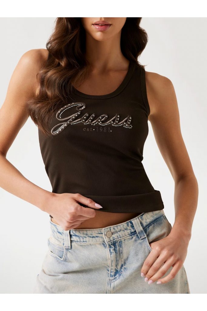 GUESS Nakış İşlemeli Logolu Kolsuz T-Shirt W5YP00KCXJ2 - kahve