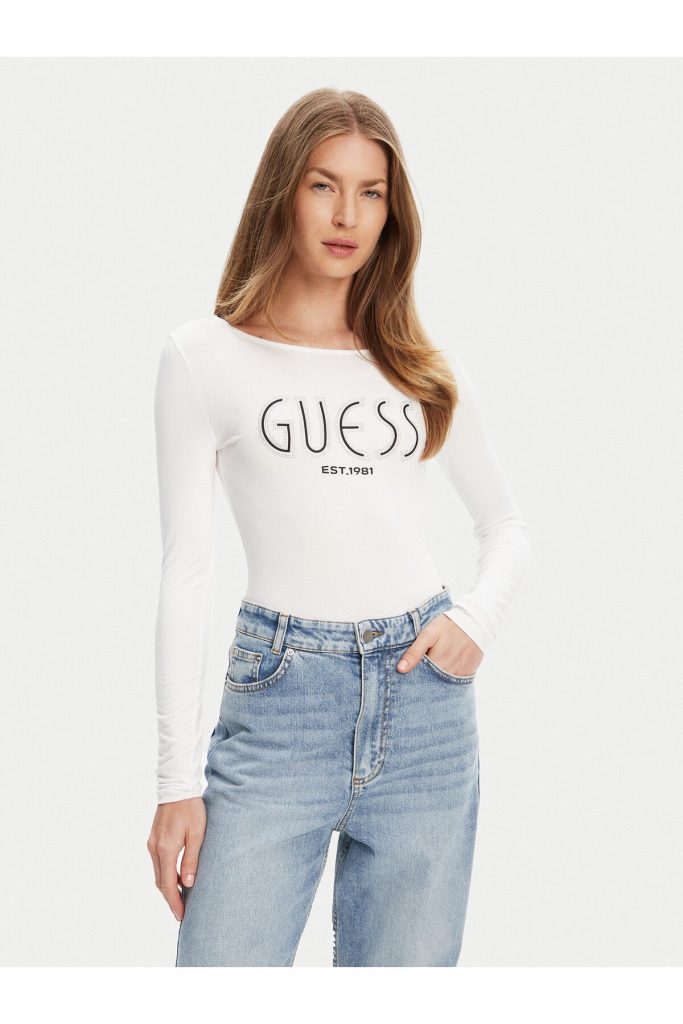 GUESS Kendinden Desenli Bluz  W5YP05K68D2 - Beyaz