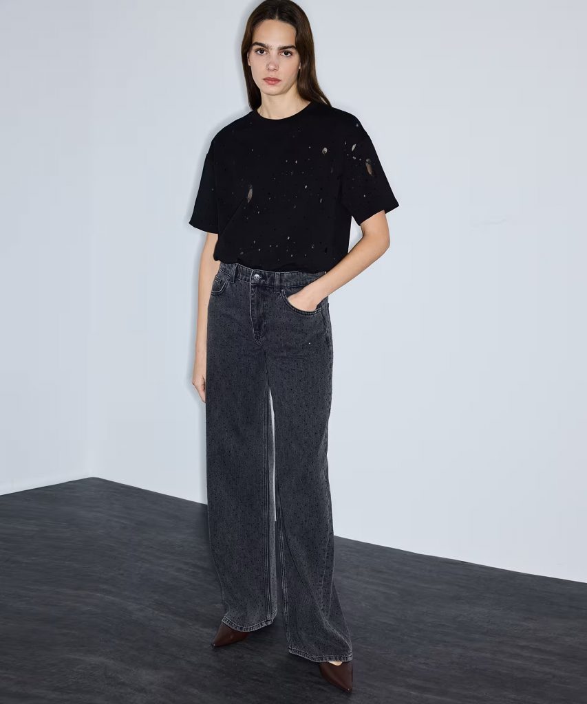 İPEKYOL Hotfix baskılı wide leg jean pantolon IS1260018015 - Siyah