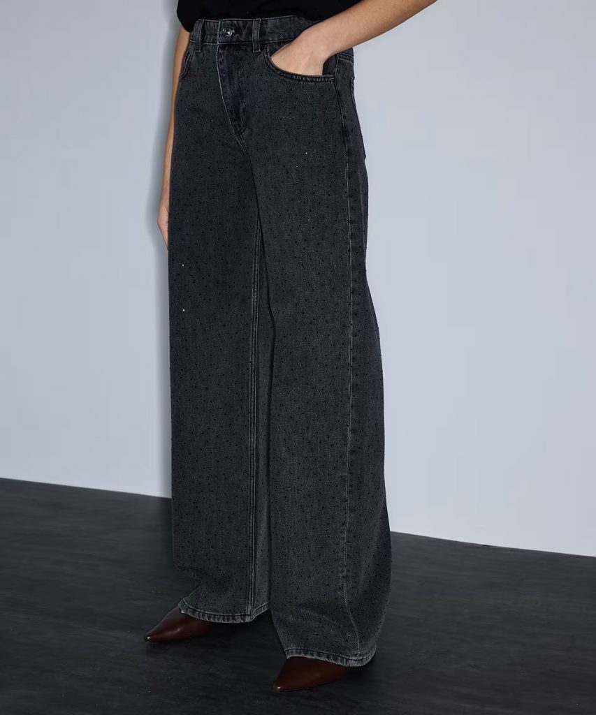 İPEKYOL Hotfix baskılı wide leg jean pantolon IS1260018015 - Siyah