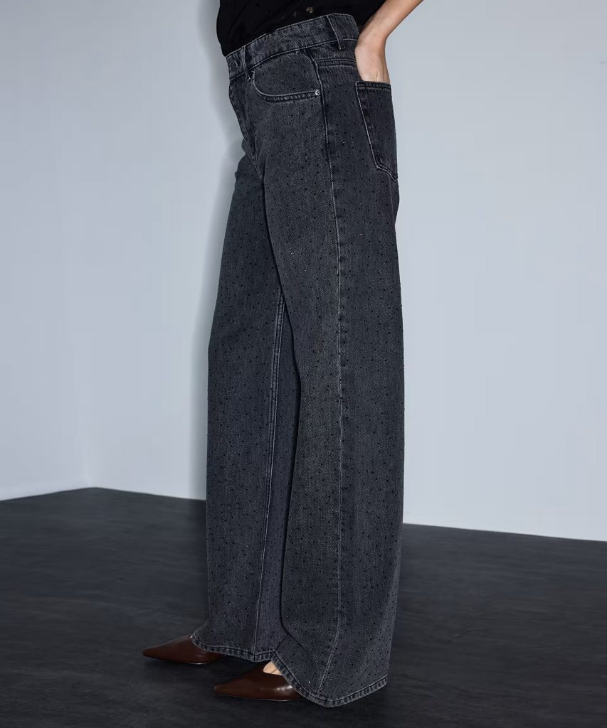 İPEKYOL Hotfix baskılı wide leg jean pantolon IS1260018015 - Siyah