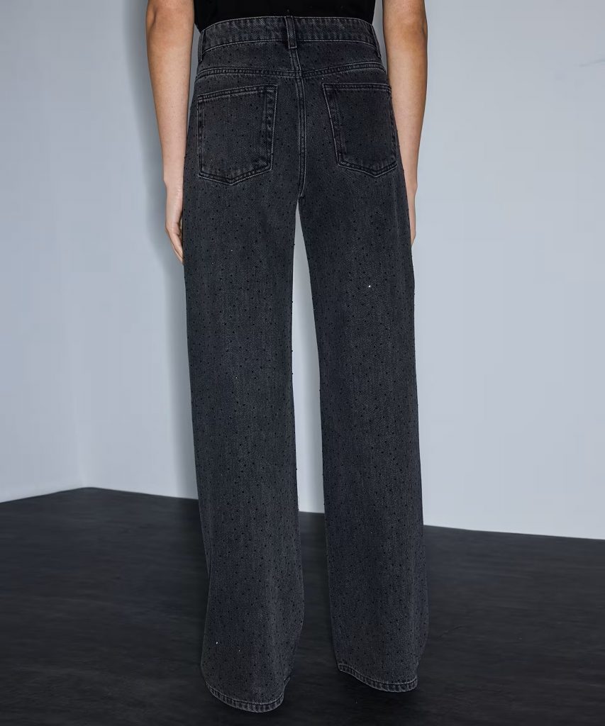 İPEKYOL Hotfix baskılı wide leg jean pantolon IS1260018015 - Siyah