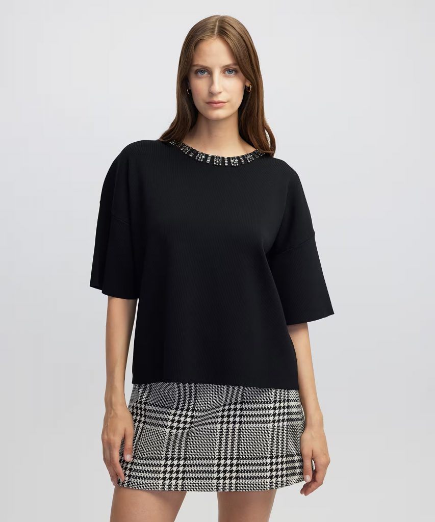 İPEKYOL Strass taş aksesuarlı oversize triko IW6250050063 - Siyah