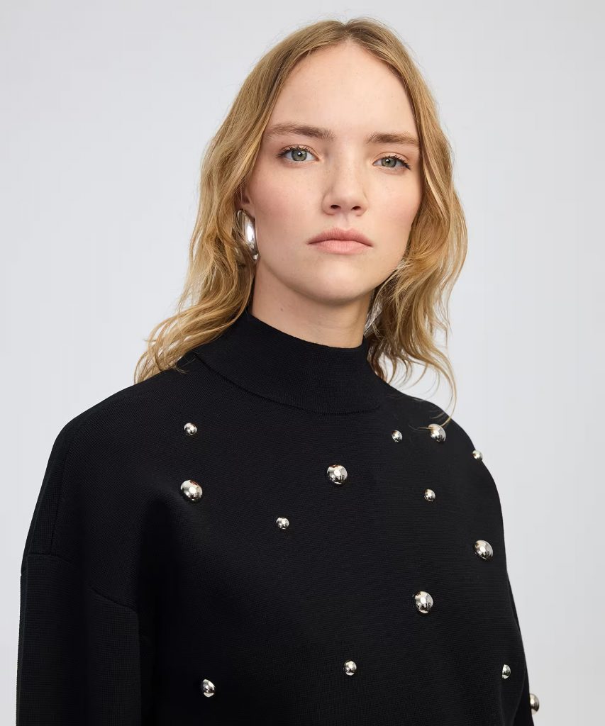 İPEKYOL Metal aksesuarlı dik yaka triko IW6250050432 - Siyah