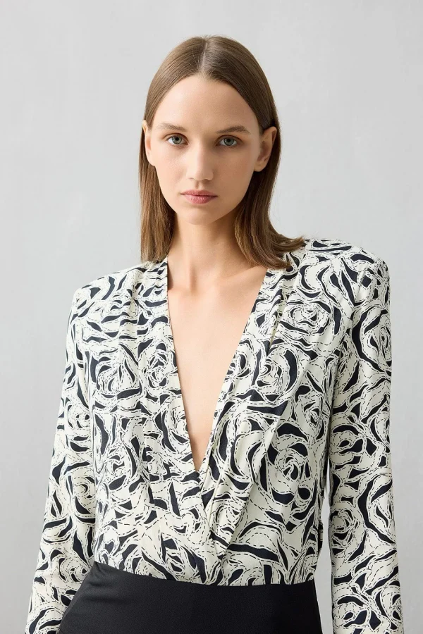 JUS DE POMMES Desenli Derin V Yaka Bluz 44117