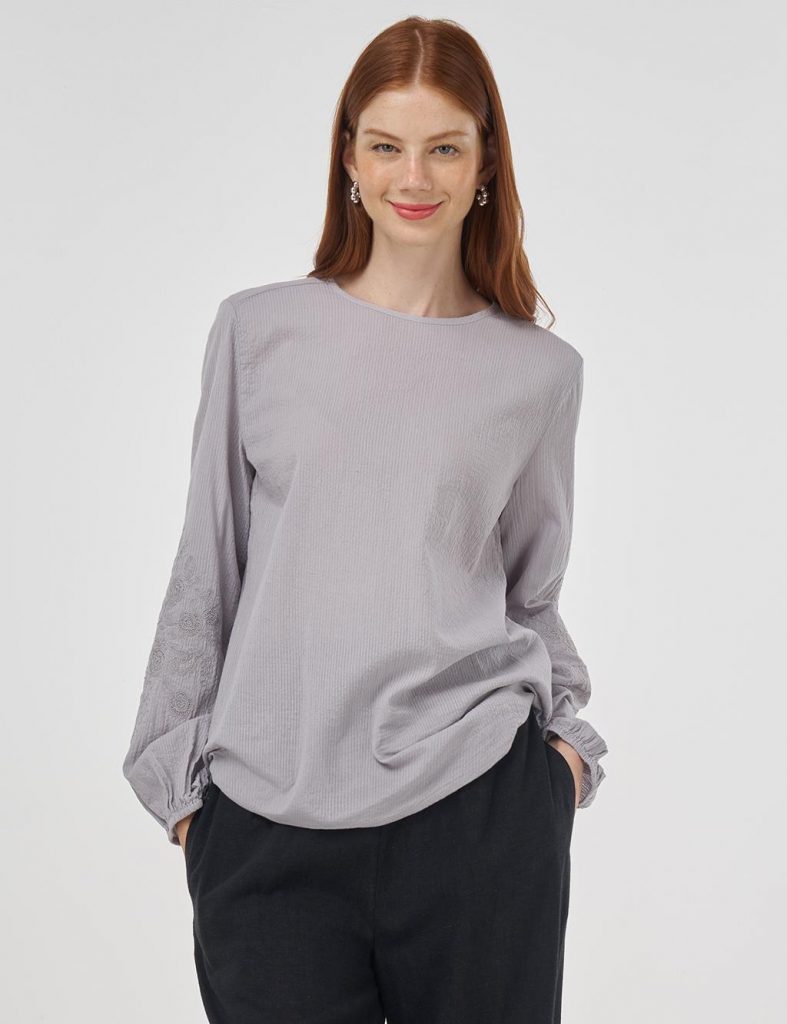KAYRA Sıfır Yaka Pamuklu Bluz  10032 - GRİ