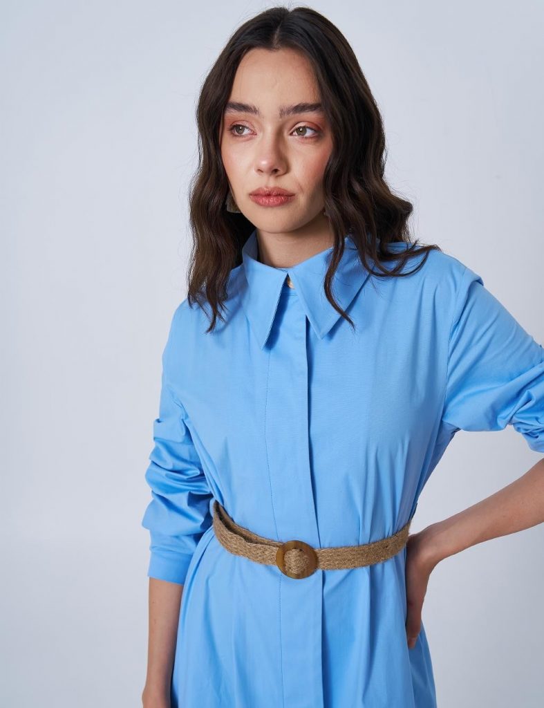 KAYRA Hasır Kemer Detaylı Pamuklu Elbise 23036 - MAVİ