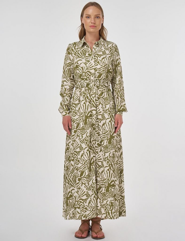 KAYRA Desenli Viskon Elbise 23105 - HAKİ