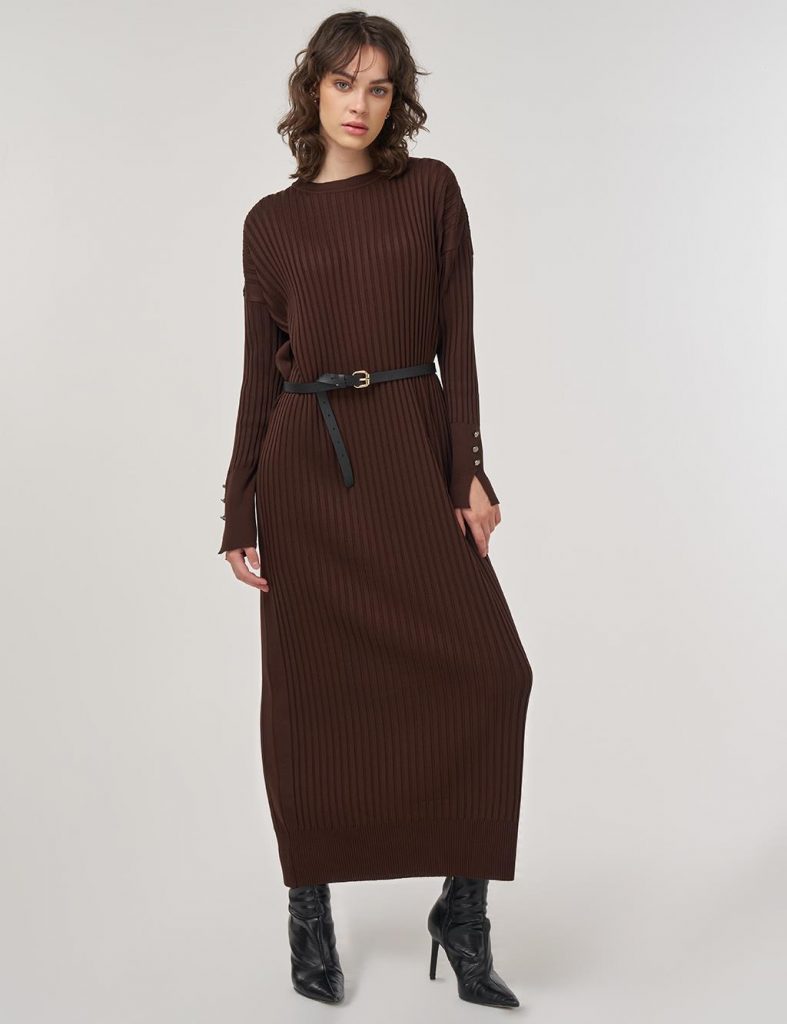 KAYRA Fitilli Bisiklet Yaka Triko Maksi Elbise TRK64