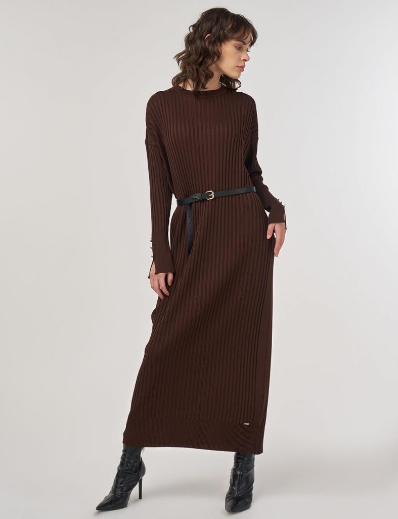 KAYRA Fitilli Bisiklet Yaka Triko Maksi Elbise TRK64