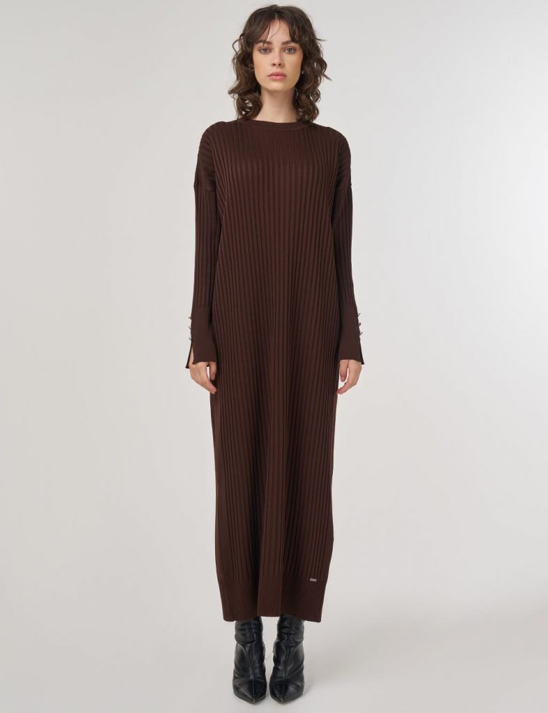 KAYRA Fitilli Bisiklet Yaka Triko Maksi Elbise TRK64