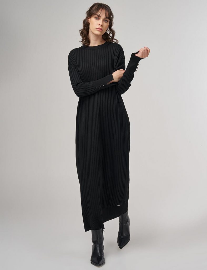 KAYRA Fitilli Bisiklet Yaka Triko Maksi Elbise TRK64 - Siyah