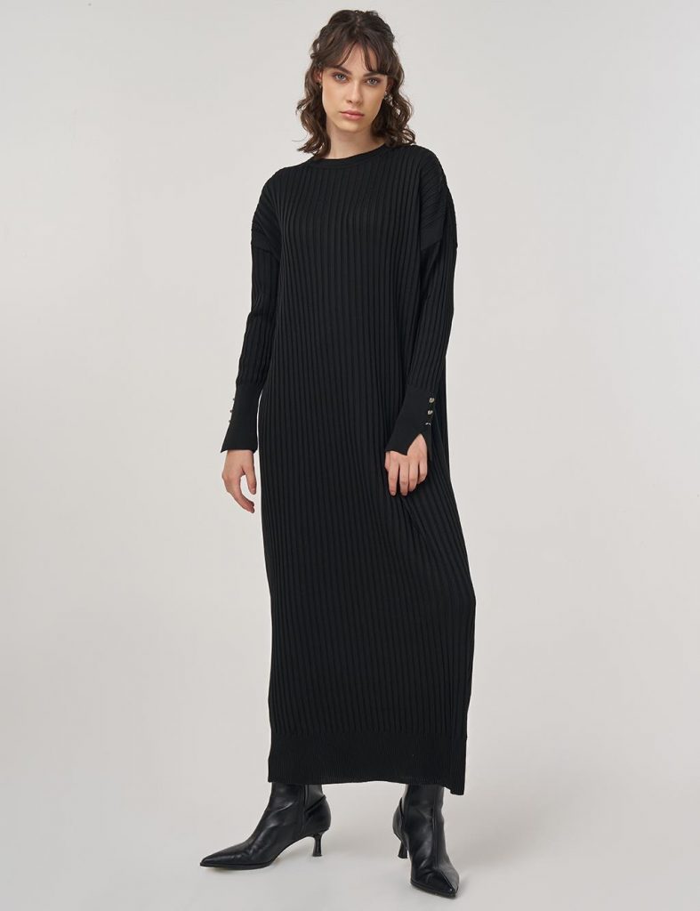 KAYRA Fitilli Bisiklet Yaka Triko Maksi Elbise TRK64 - Siyah