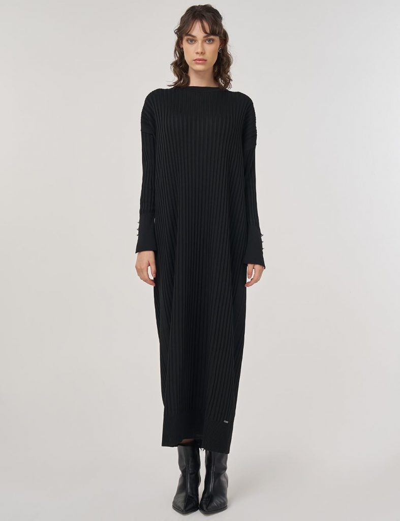 KAYRA Fitilli Bisiklet Yaka Triko Maksi Elbise TRK64 - Siyah