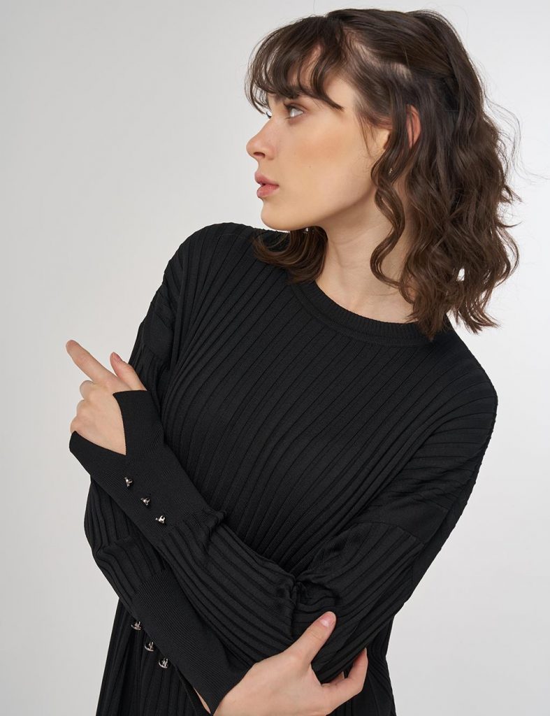 KAYRA Fitilli Bisiklet Yaka Triko Maksi Elbise TRK64 - Siyah