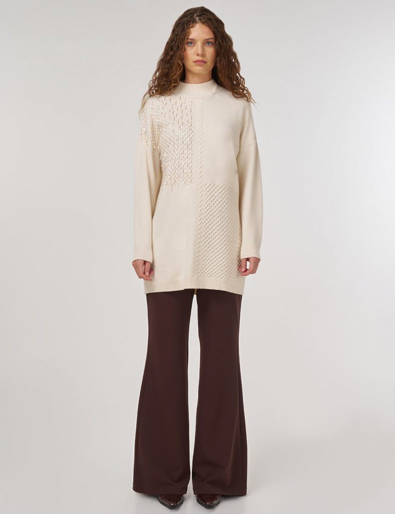 KAYRA Örgü Detaylı Viskon Triko Tunik TRK147 - KREM