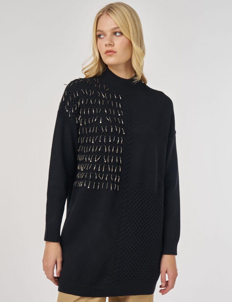 KAYRA Örgü Detaylı Viskon Triko Tunik TRK147 - Siyah