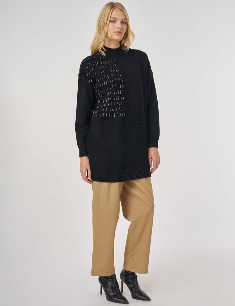 KAYRA Örgü Detaylı Viskon Triko Tunik TRK147 - Siyah