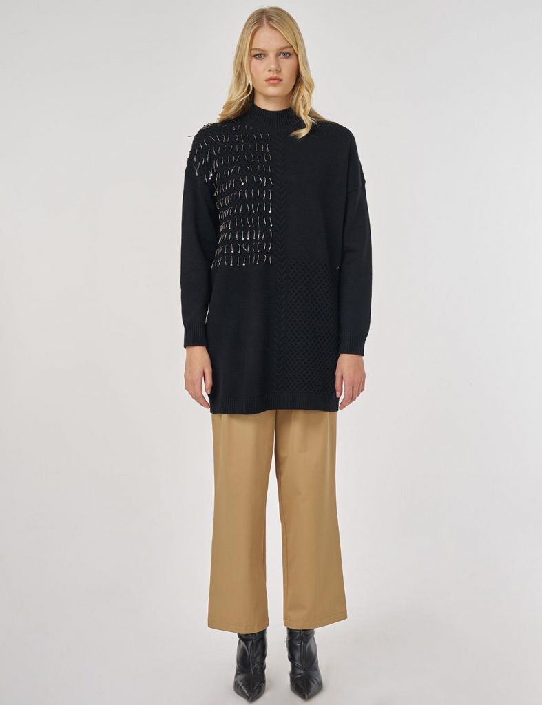 KAYRA Örgü Detaylı Viskon Triko Tunik TRK147 - Siyah