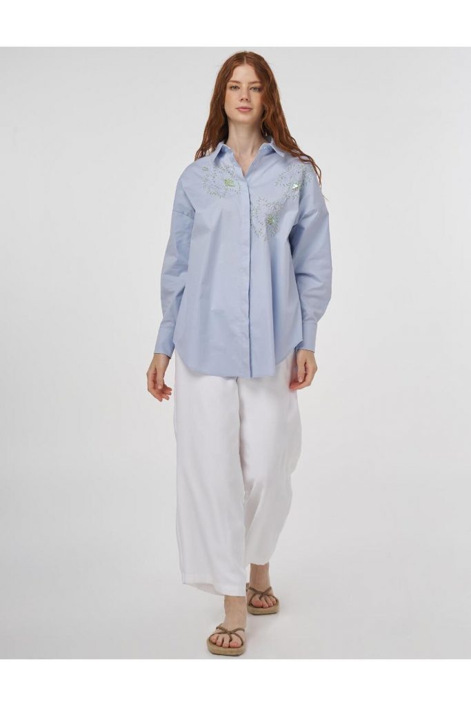 KAYRA İşleme Detaylı Pamuklu Tunik 21103 - MAVİ