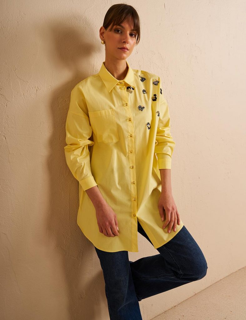 KAYRA Pul Payet İşlemeli Pamuklu Tunik  21125 - SARI