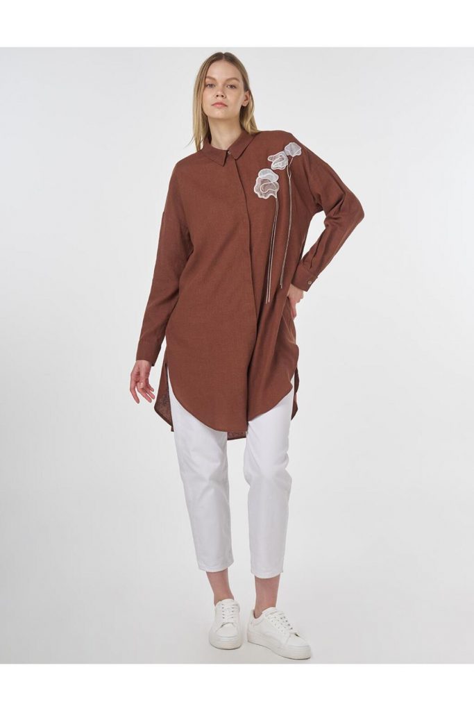 KAYRA Çiçek Nakışlı Keten Viskon Tunik 81091