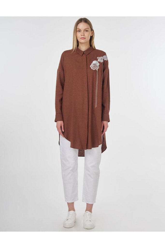 KAYRA Çiçek Nakışlı Keten Viskon Tunik 81091