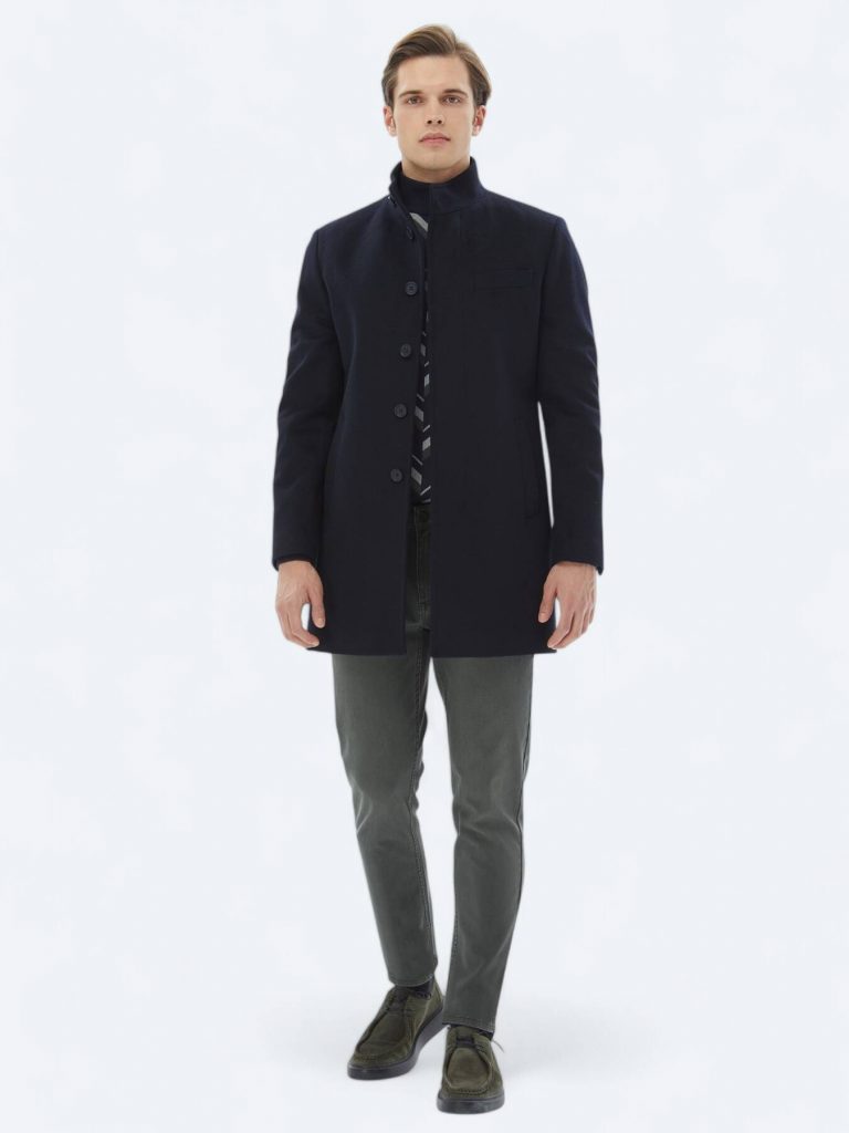KİP Regular Fit Dik Yaka Klasik Dokuma Palto 149 - Lacivert