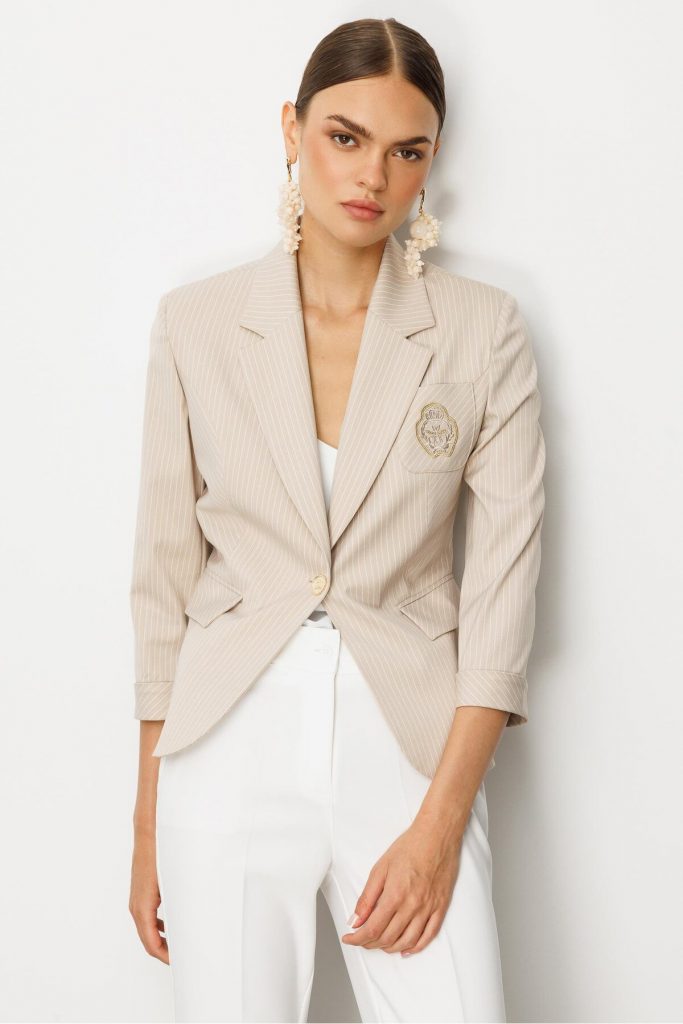 MODAİLGİ Kelebek Yaka Truvakar Kol Nakış Detaylı Yarım Astarlı Ceket  70048 - TAŞ