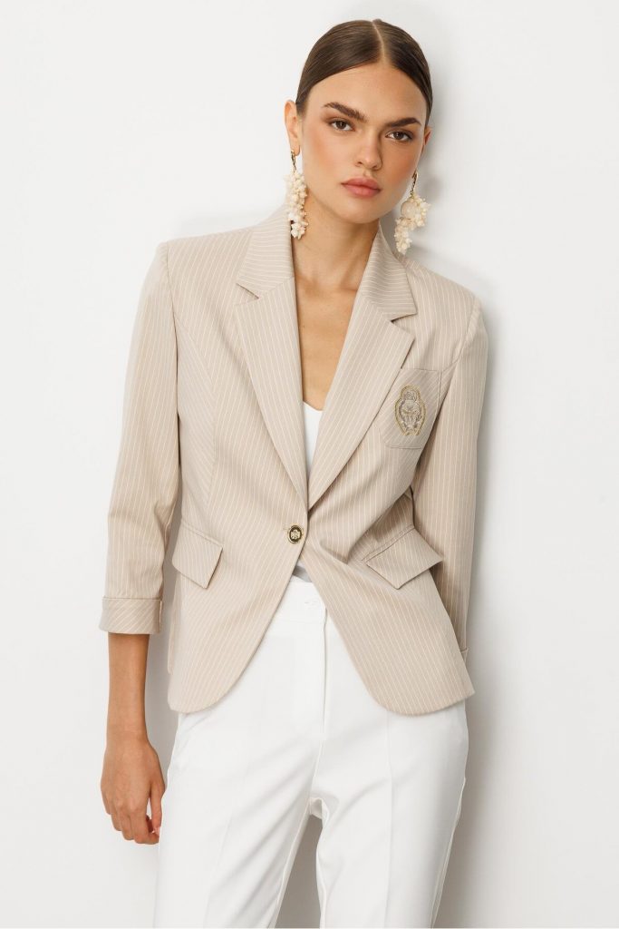 MODAİLGİ Kelebek Yaka Truvakar Kol Nakış Detaylı Yarım Astarlı Ceket  70048 - TAŞ