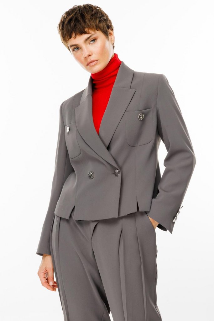 MODAİLGİ Kruvaze Kapamalı Torba Cepli Yırtmaçlı Kısa Ceket  7069 - GRİ