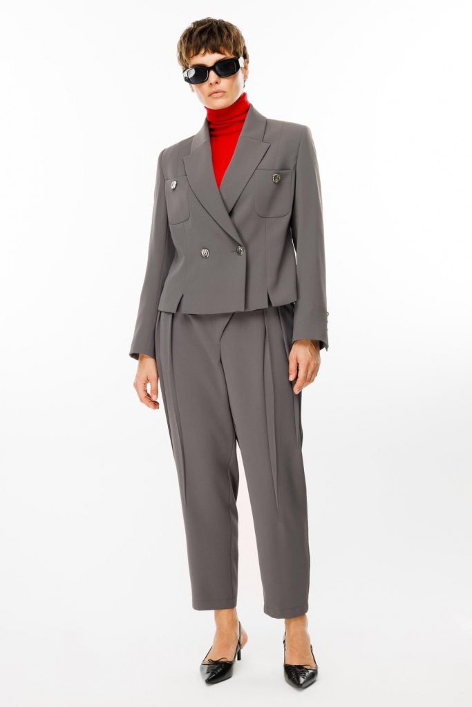 MODAİLGİ Kruvaze Kapamalı Torba Cepli Yırtmaçlı Kısa Ceket  7069 - GRİ