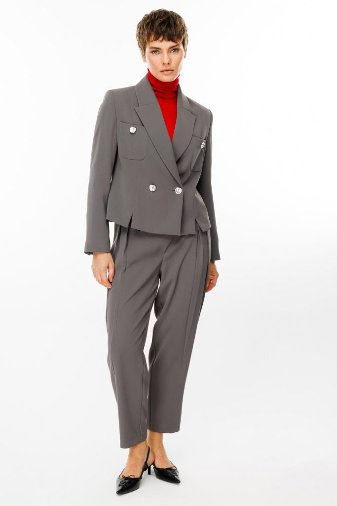 MODAİLGİ Kruvaze Kapamalı Torba Cepli Yırtmaçlı Kısa Ceket  7069 - GRİ