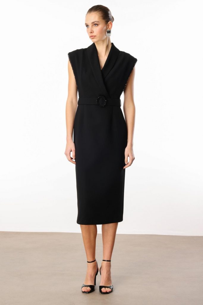 MODAİLGİ Kol Ağzı Boncuk Aksesuar Detaylı Elbise  60015 - Siyah