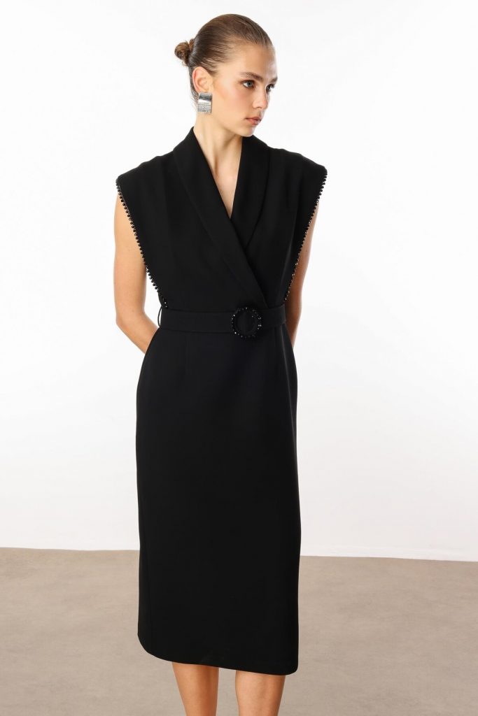 MODAİLGİ Kol Ağzı Boncuk Aksesuar Detaylı Elbise  60015 - Siyah