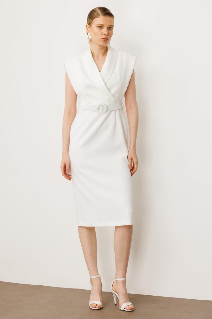 MODAİLGİ Kol Ağzı Boncuk Aksesuar Detaylı Elbise  60015 - EKRU