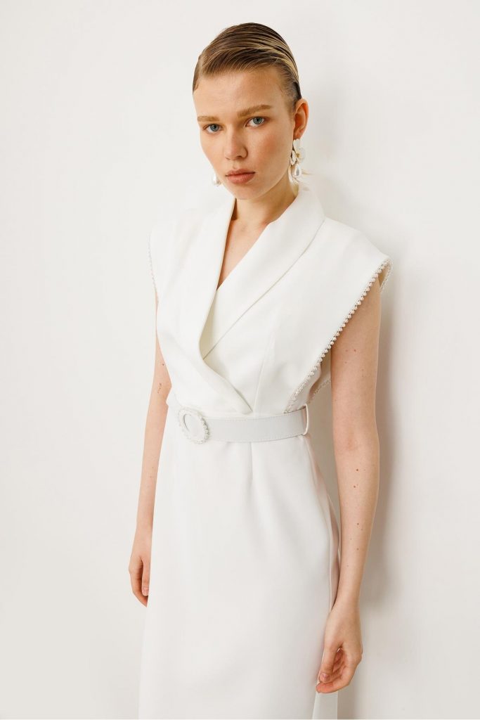 MODAİLGİ Kol Ağzı Boncuk Aksesuar Detaylı Elbise  60015 - EKRU