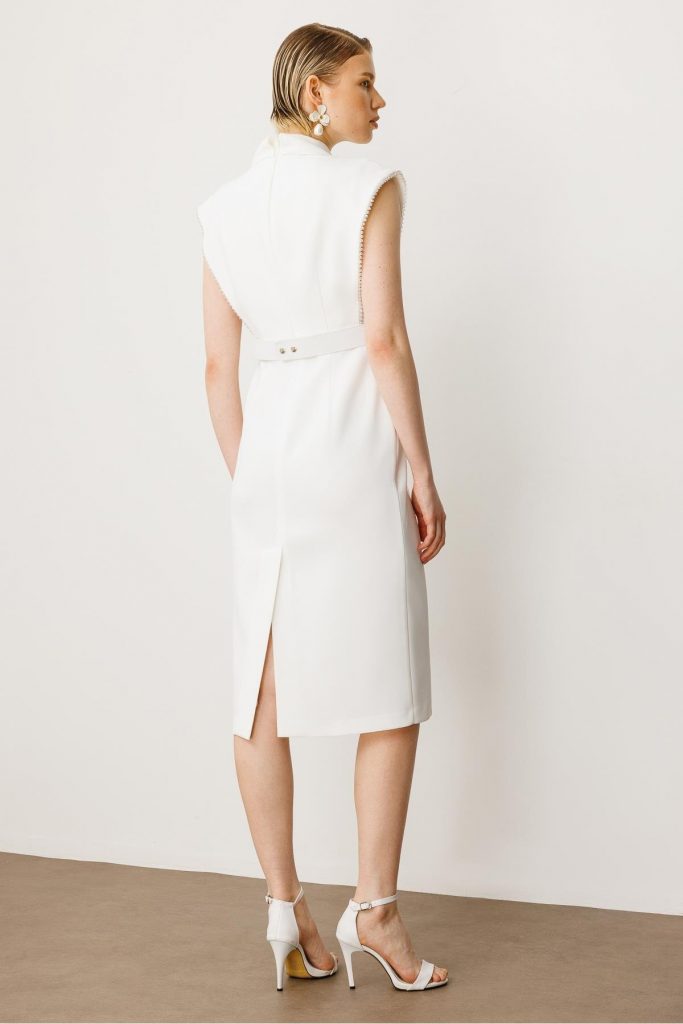 MODAİLGİ Kol Ağzı Boncuk Aksesuar Detaylı Elbise  60015 - EKRU