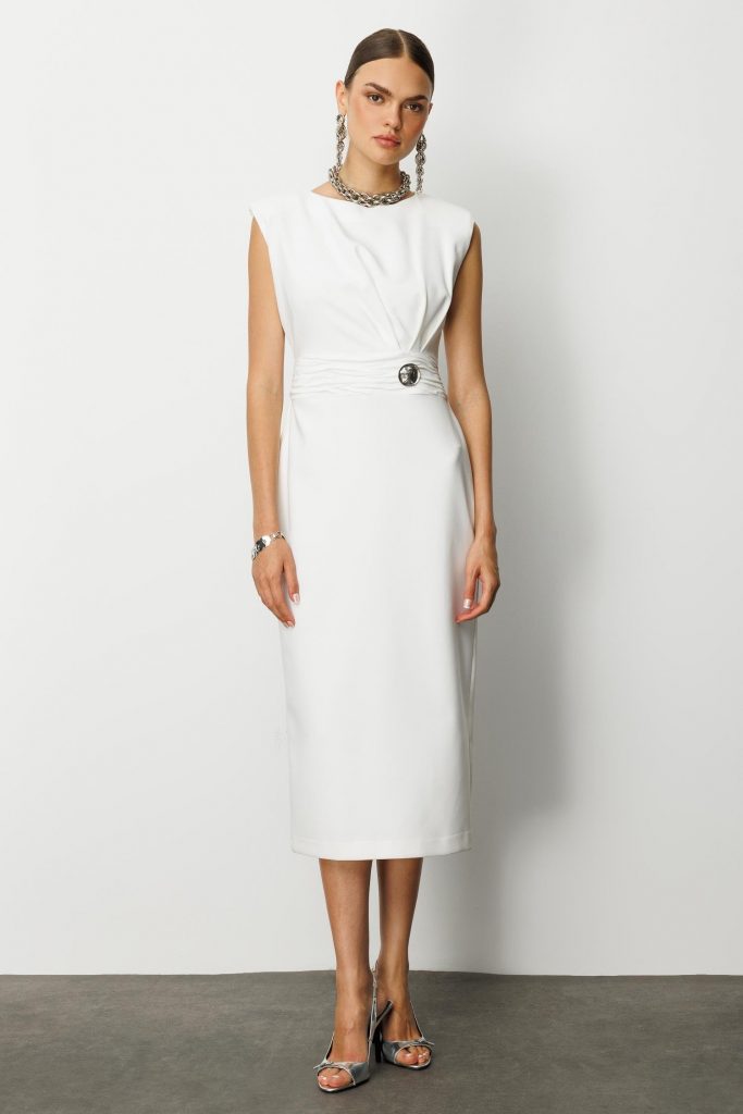 MODAİLGİ Omuzları Apoletli Pile ve Kraş Detaylı Metal Toka Aksesuarlı Midi Boy Elbise  60029