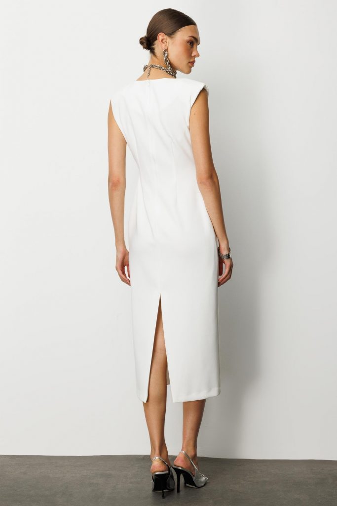 MODAİLGİ Omuzları Apoletli Pile ve Kraş Detaylı Metal Toka Aksesuarlı Midi Boy Elbise  60029