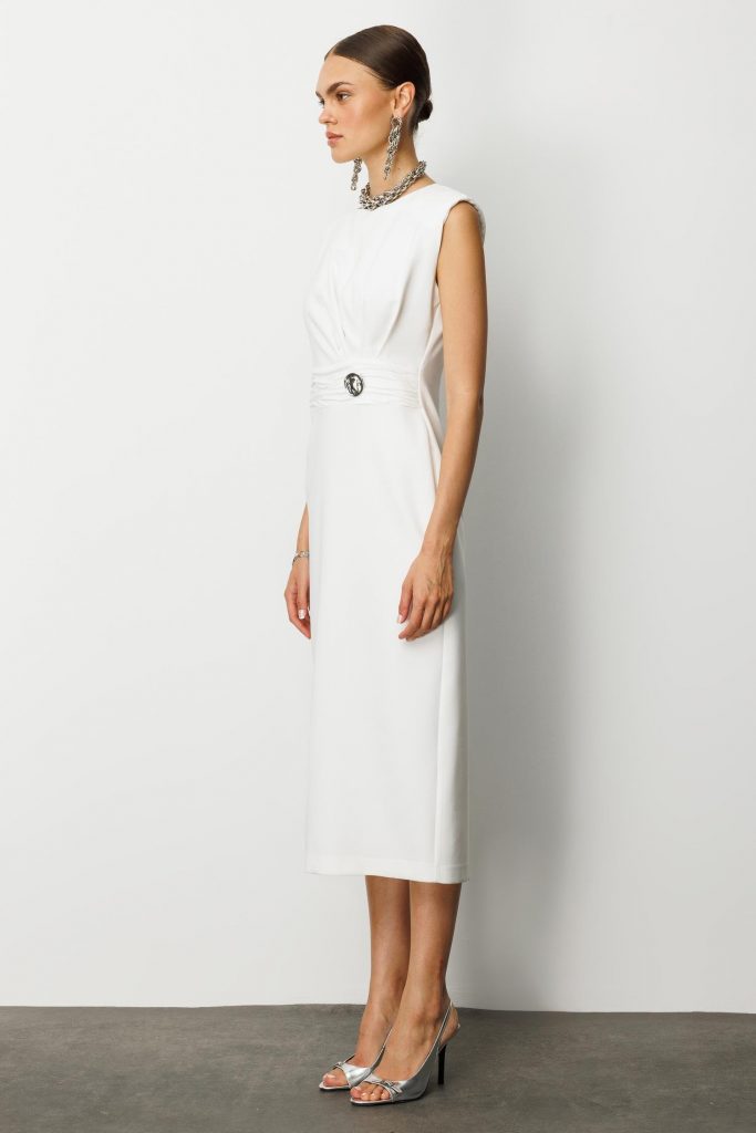 MODAİLGİ Omuzları Apoletli Pile ve Kraş Detaylı Metal Toka Aksesuarlı Midi Boy Elbise  60029