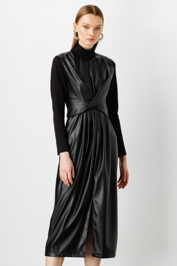 MODAİLGİ Bağlama Detaylı Yırtmaçlı Deri Elbise 6007