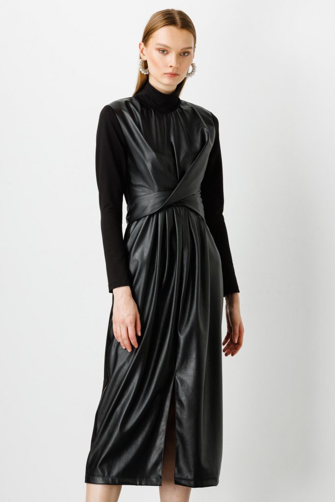 MODAİLGİ Bağlama Detaylı Yırtmaçlı Deri Elbise 6007 - Siyah