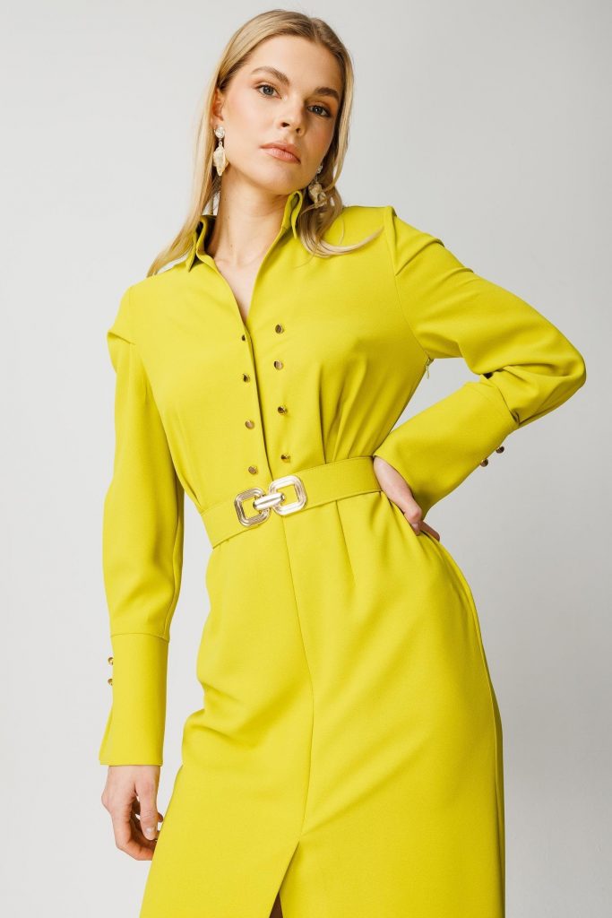 MODAİLGİ Gömlek Yakalı Önden Yırtmaçlı Midi Boy Elbise 6522 - ASİT