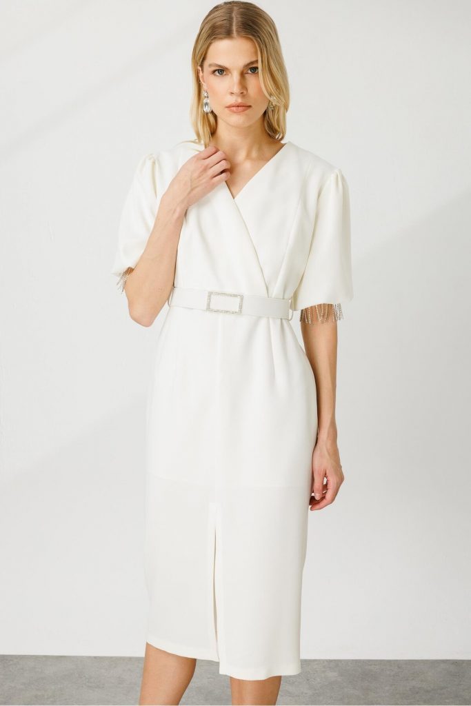 MODAİLGİ Şerit Taşlı Balon Kol Elbise 6566