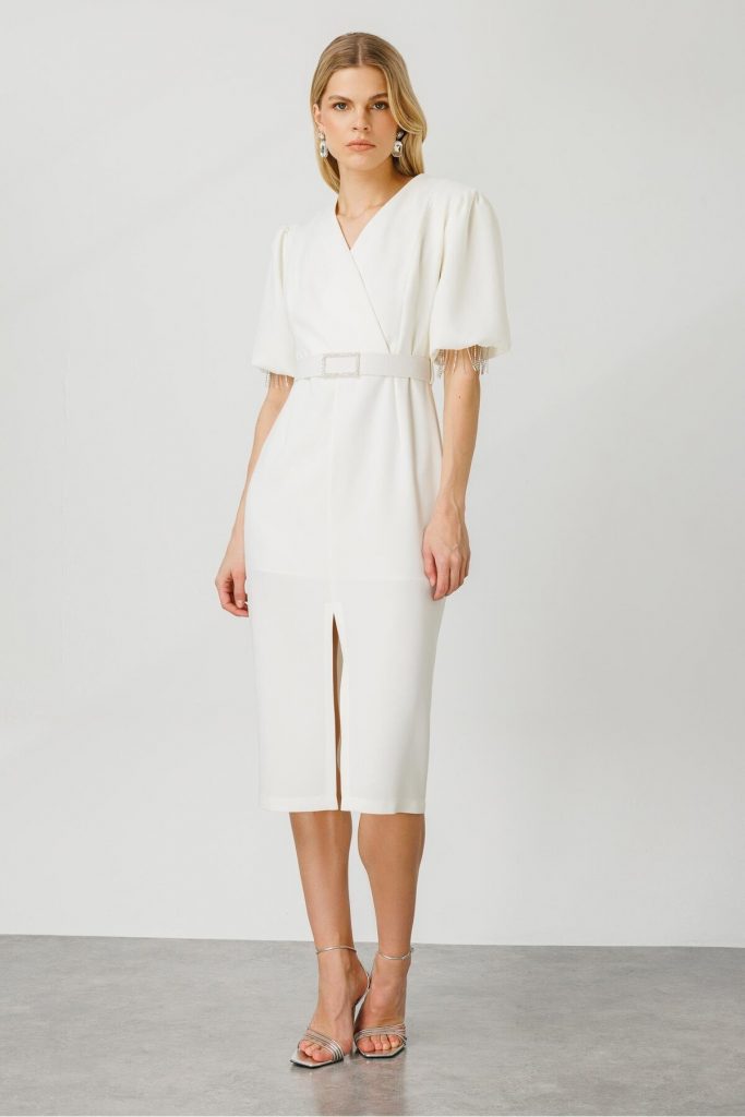 MODAİLGİ Şerit Taşlı Balon Kol Elbise 6566 - EKRU